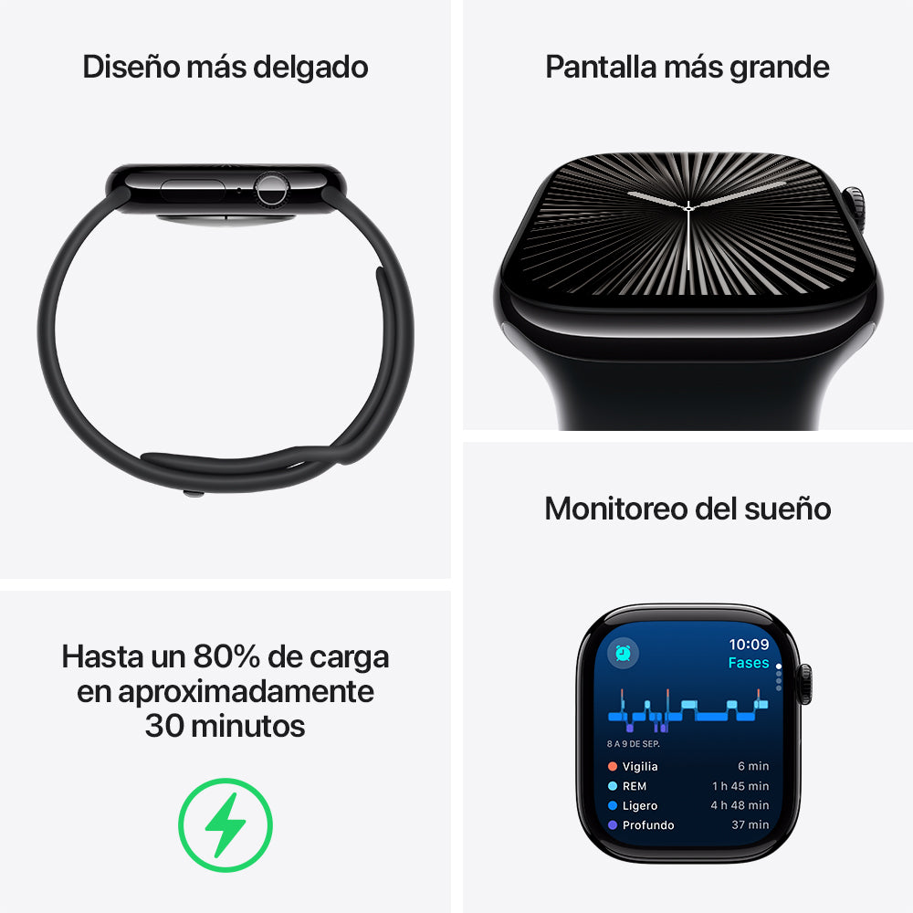 Apple Watch Series 10 GPS • Caja de aluminio negro azabache de 46 mm • Correa deportiva negra - M/L