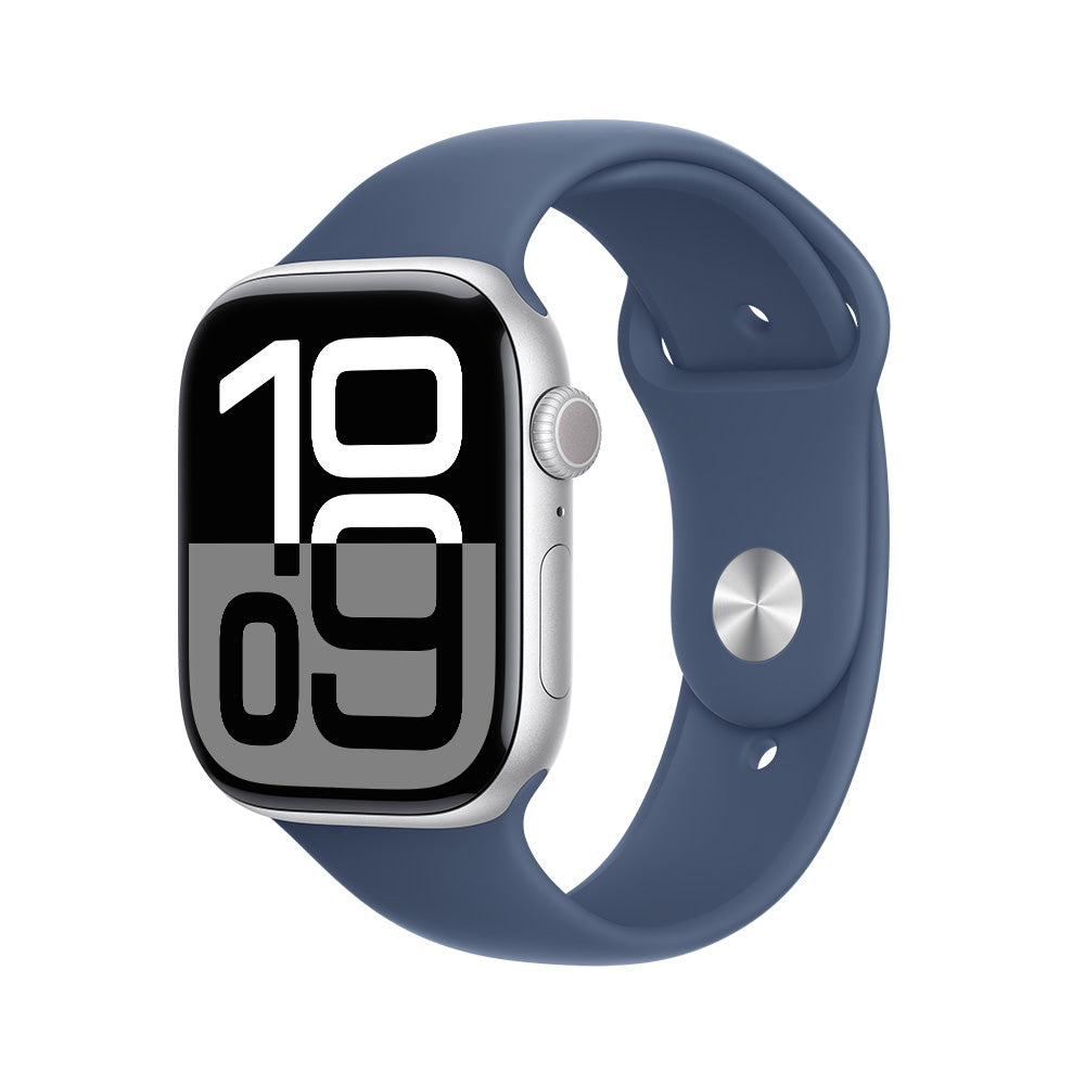 Apple Watch Series 10 GPS • Caja de aluminio color plata de 46 mm • Correa deportiva azul denim - S/M