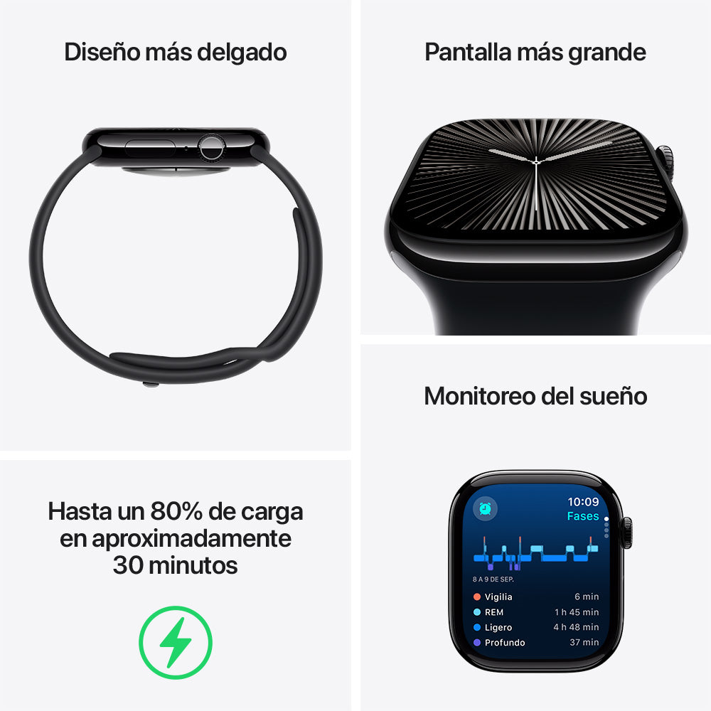 Apple Watch Series 10 GPS • Caja de aluminio color plata de 46 mm • Correa deportiva azul denim - S/M