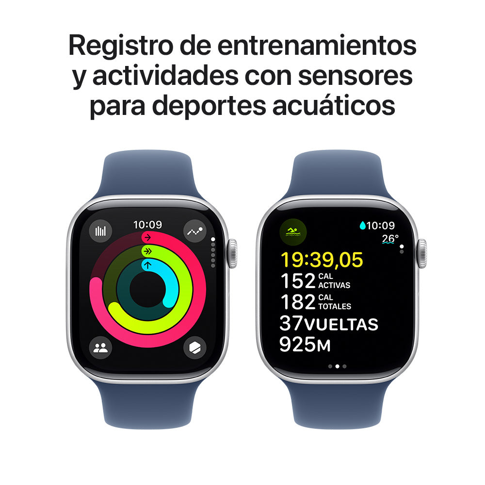 Apple Watch Series 10 GPS • Caja de aluminio color plata de 46 mm • Correa deportiva azul denim - S/M