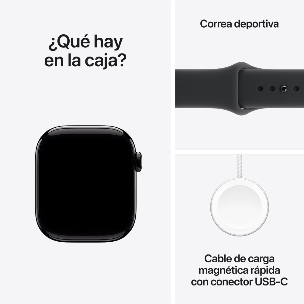 Apple Watch Series 11 GPS • Caja de aluminio negro azabache de 42 mm • Correa deportiva negra – M/L