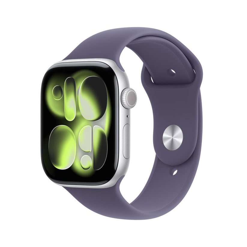 Apple Watch Series 11 GPS • Caja de aluminio color plata de 46 mm • Correa deportiva morado niebla – M/L