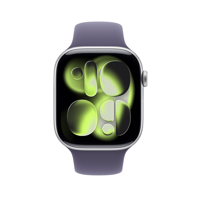 Apple Watch Series 11 GPS • Caja de aluminio color plata de 46 mm • Correa deportiva morado niebla – M/L