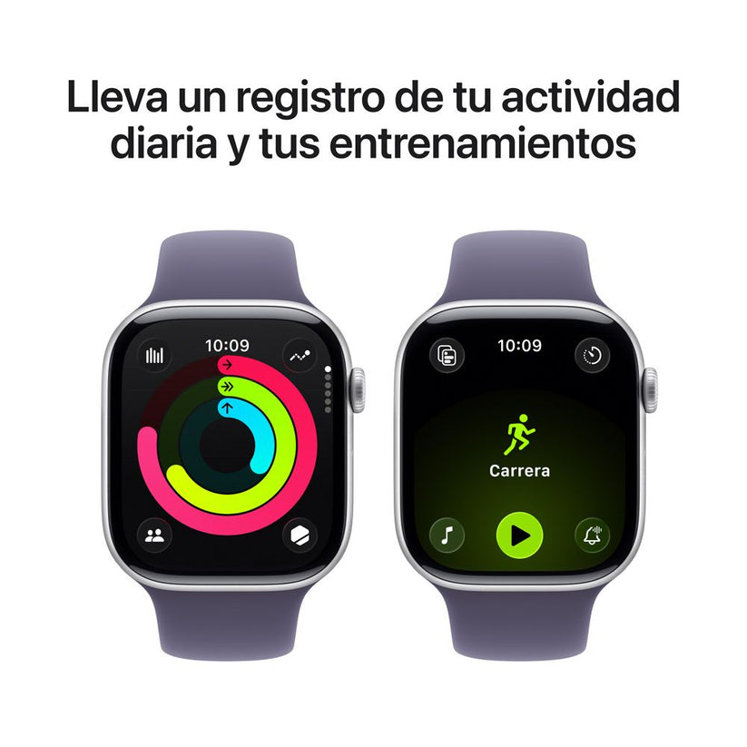 Apple Watch Series 11 GPS • Caja de aluminio color plata de 46 mm • Correa deportiva morado niebla – M/L