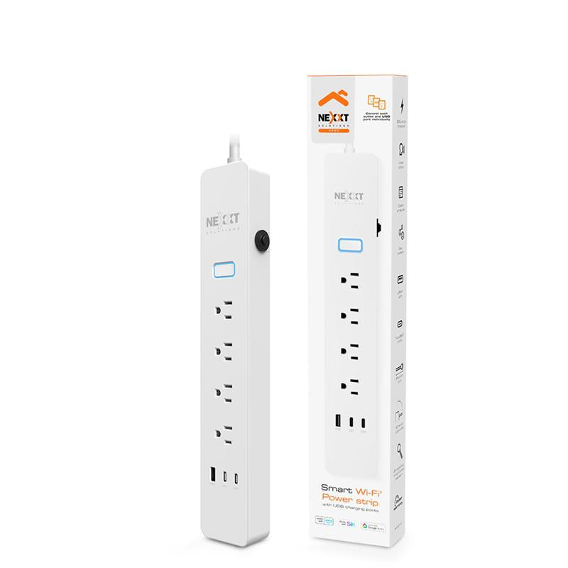 Regleta inteligente Nexxt con Wi-Fi y asistente de voz - 4 enchufes y 3 USB