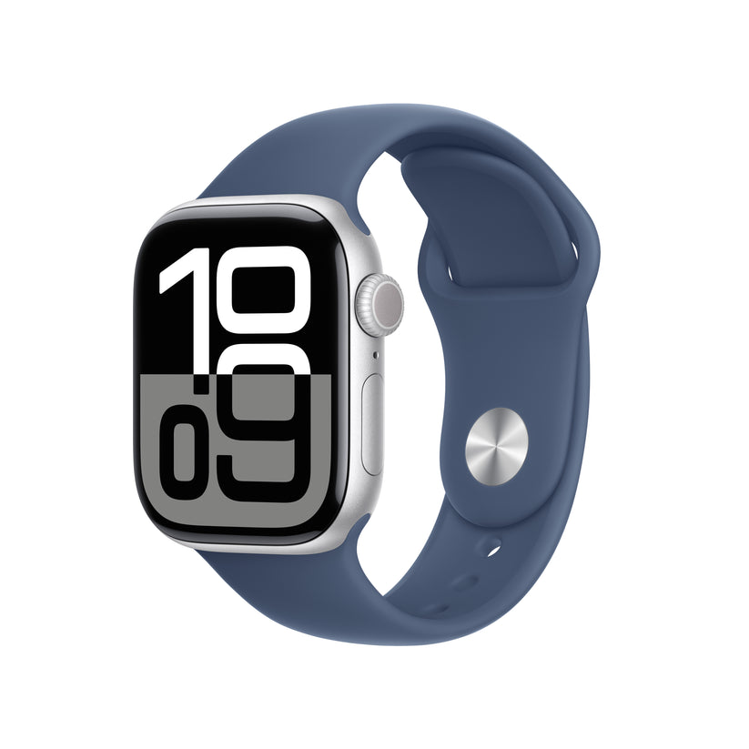 Apple Watch Series 10 GPS • Caja de aluminio color plata de 42 mm • Correa deportiva azul denim - M/L