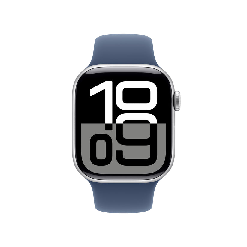 Apple Watch Series 10 GPS • Caja de aluminio color plata de 42 mm • Correa deportiva azul denim - M/L