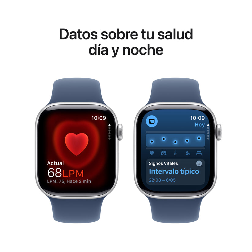 Apple Watch Series 10 GPS • Caja de aluminio color plata de 42 mm • Correa deportiva azul denim - M/L