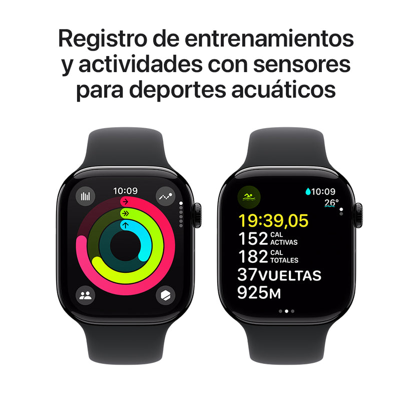 Apple Watch Series 10 GPS • Caja de aluminio negro azabache de 46 mm • Correa deportiva negra - M/L