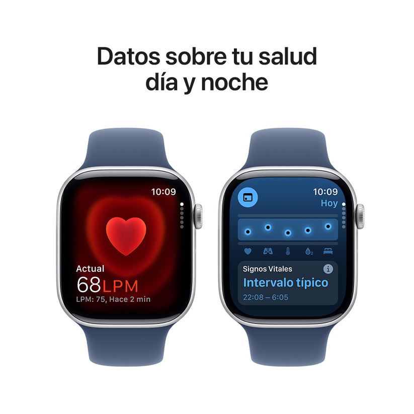 Apple Watch Series 10 GPS • Caja de aluminio color plata de 46 mm • Correa deportiva azul denim - M/L