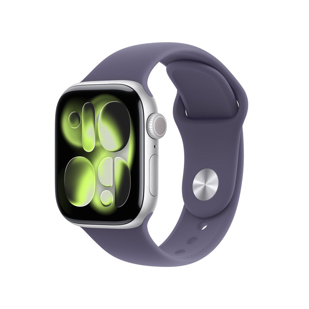 Apple Watch Series 11 GPS • Caja de aluminio color plata de 42 mm • Correa deportiva morado niebla – M/L