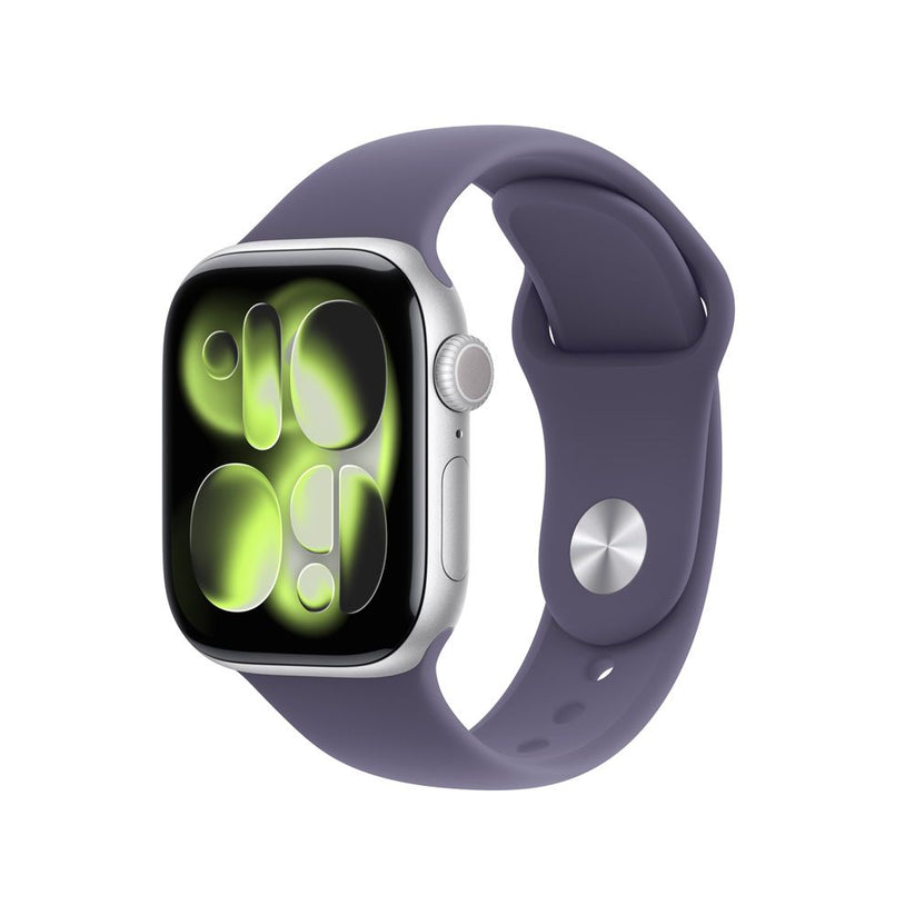 Apple Watch Series 11 GPS • Caja de aluminio color plata de 42 mm • Correa deportiva morado niebla – M/L