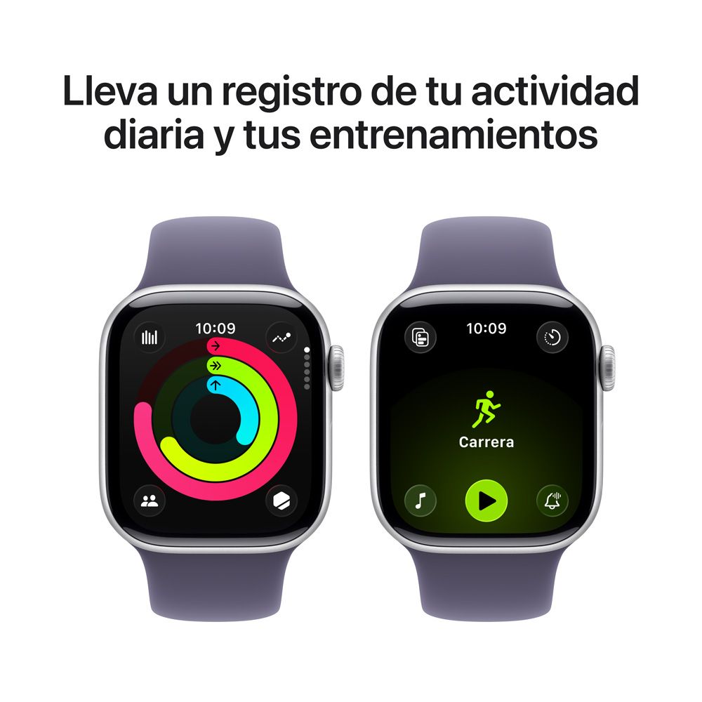 Apple Watch Series 11 GPS • Caja de aluminio color plata de 42 mm • Correa deportiva morado niebla – M/L