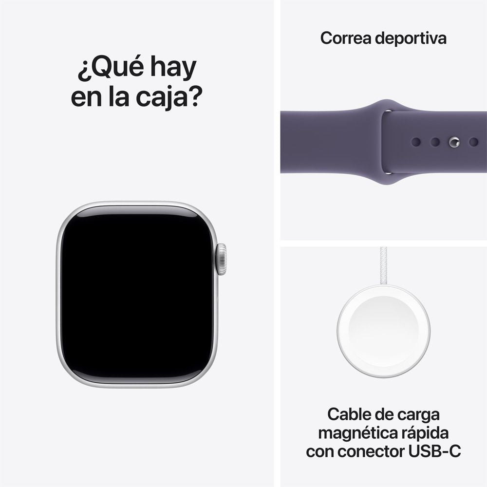Apple Watch Series 11 GPS • Caja de aluminio color plata de 42 mm • Correa deportiva morado niebla – M/L