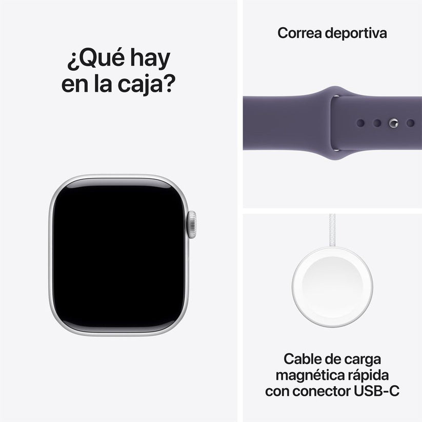 Apple Watch Series 11 GPS • Caja de aluminio color plata de 42 mm • Correa deportiva morado niebla – M/L