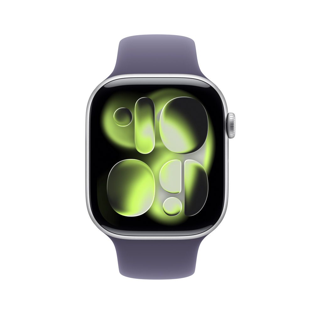 Apple Watch Series 11 GPS • Caja de aluminio color plata de 46 mm • Correa deportiva morado niebla – M/L