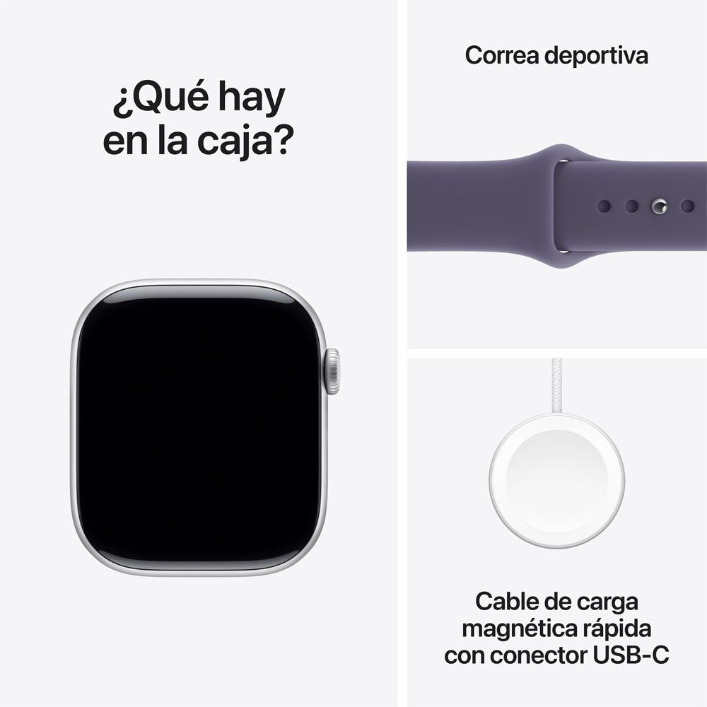 Apple Watch Series 11 GPS • Caja de aluminio color plata de 46 mm • Correa deportiva morado niebla – M/L