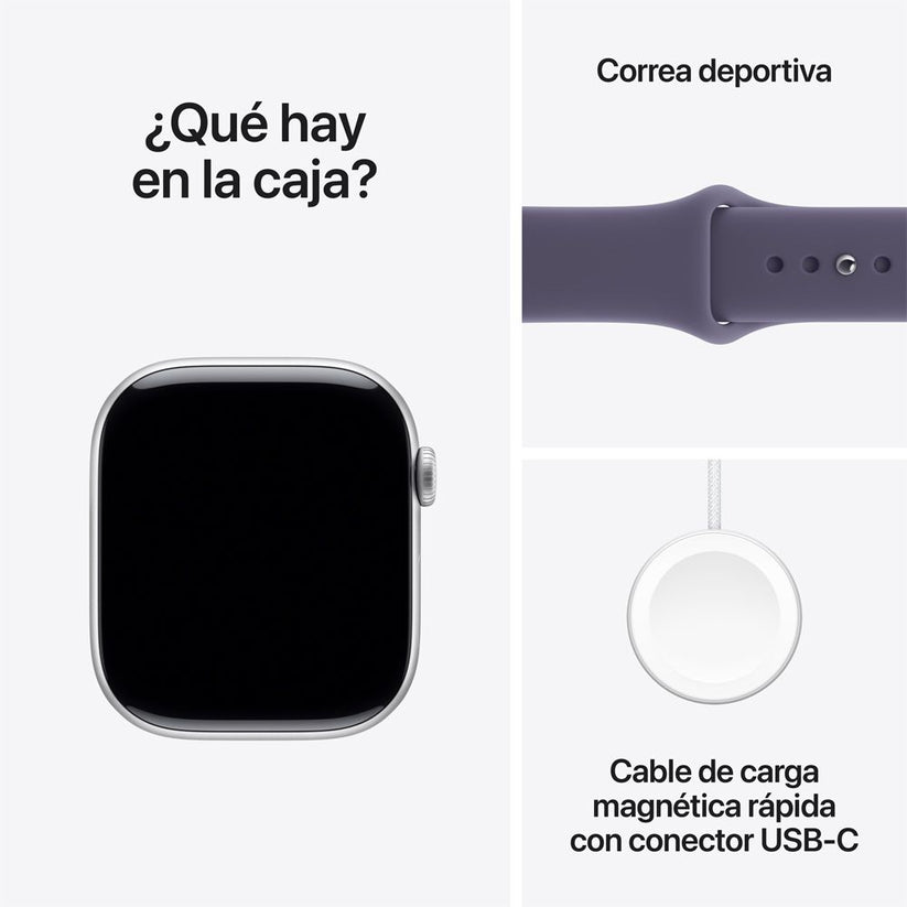 Apple Watch Series 11 GPS • Caja de aluminio color plata de 46 mm • Correa deportiva morado niebla – M/L