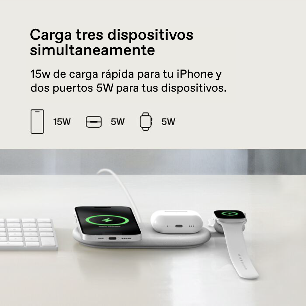 Base de carga Belkin Wireless 3 en 1 con Qi2 - Blanco