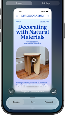 iPhone 17 Pro, frente, la pantalla muestra un sitio web con la foto de un mueble identificado con Inteligencia Visual