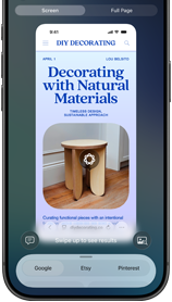 iPhone 17 Pro, frente, la pantalla muestra un sitio web con la foto de un mueble identificado con Inteligencia Visual