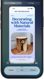 iPhone 17 Pro, frente, la pantalla muestra un sitio web con la foto de un mueble identificado con Inteligencia Visual