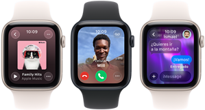 Tres dispositivos Apple Watch SE 3 uno al lado del otro: uno muestra la app Apple Music, otro una llamada telefónica entrante y el otro una conversación en iMessage