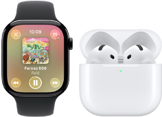Apple Watch Series 11, caja de titanio color pizarra, correa deportiva negra, app Apple Music abierta, enlazado con unos AirPods 4