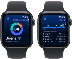 Dos Apple Watch SE 3 con caja de aluminio color medianoche muestran la Puntuación de Sueño en pantalla.