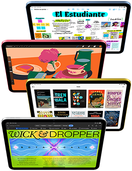 Varios iPad colocados de frente muestran diversas apps de Apple y del App Store.