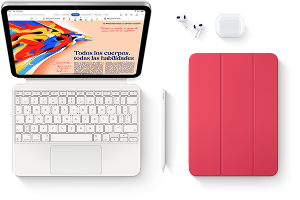 Imágenes del iPad, el Magic Keyboard Folio, el Apple Pencil, los AirPods y el Smart Folio.
