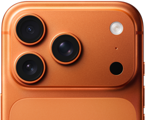 iPhone 17 Pro, naranja cósmico, vista parcial de la parte posterior, sistema de cámaras Pro en la esquina superior izquierda, 3 lentes, micrófono, flash