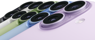 iPhone 17, parte posterior, sistema de dos cámaras Fusion, los cinco colores se superponen: negro, blanco, azul neblina, salvia y lavanda
