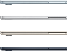 Cuatro MacBook Air que muestran los acabados disponibles: azul cielo, color plata, blanco estelar y medianoche