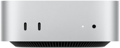 Vista de los puertos en la parte delantera de una Mac mini color plata: dos puertos USB-C y una entrada para audífonos de 3.5 mm