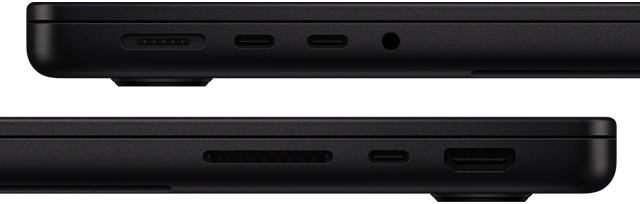 Vista de los puertos en la MacBook Pro. Lateral izquierdo: MagSafe, dos puertos Thunderbolt y una entrada para audífonos. Lateral derecho: SDXC, un puerto Thunderbolt y HDMI