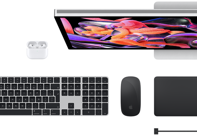 Accesorios para la Mac: AirPods, Studio Display, Magic Keyboard, Magic Mouse, Magic Trackpad y cable de carga en negro espacial