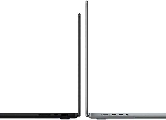 MacBook Pro de 14 pulgadas y de 16 pulgadas colocadas una contra otra, para mostrar la diferencia de tamaño y destacar el perfil delgado