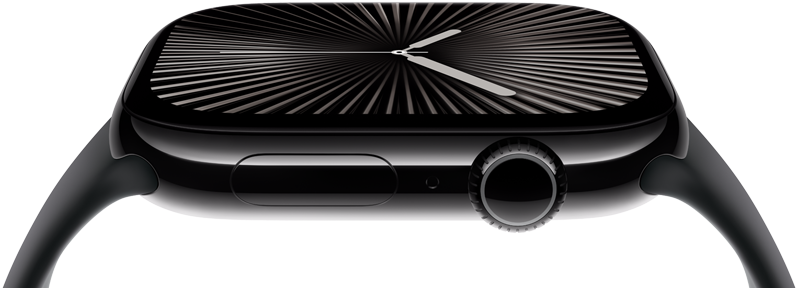 Imagen de un Apple Watch Series 10 que muestra la pantalla y la Digital Crown desde la parte lateral. El reloj se inclina hacia un lado para mostrar más contenido de la pantalla.