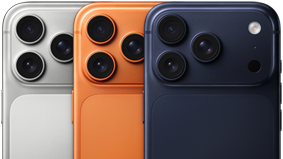Tres modelos de iPhone 17 Pro, parte posterior, color plata, naranja cósmico y azul profundo, superpuestos, se ven parcialmente. Los 3 modelos tienen un sistema de cámaras Pro Fusion en la esquina superior izquierda, 3 lentes, micrófono, flash, logo de Apple en el centro