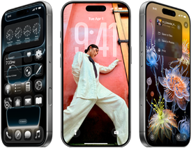 Tres dispositivos iPhone 17 Pro en distintos ángulos muestran tres pantallas de iOS 26 distintas: pantalla de inicio con diseño de Liquid Glass, fondo de pantalla y Fotos