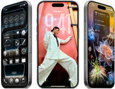 Tres dispositivos iPhone 17 Pro en distintos ángulos muestran tres pantallas de iOS 26 distintas: pantalla de inicio con diseño de Liquid Glass, fondo de pantalla y Fotos
