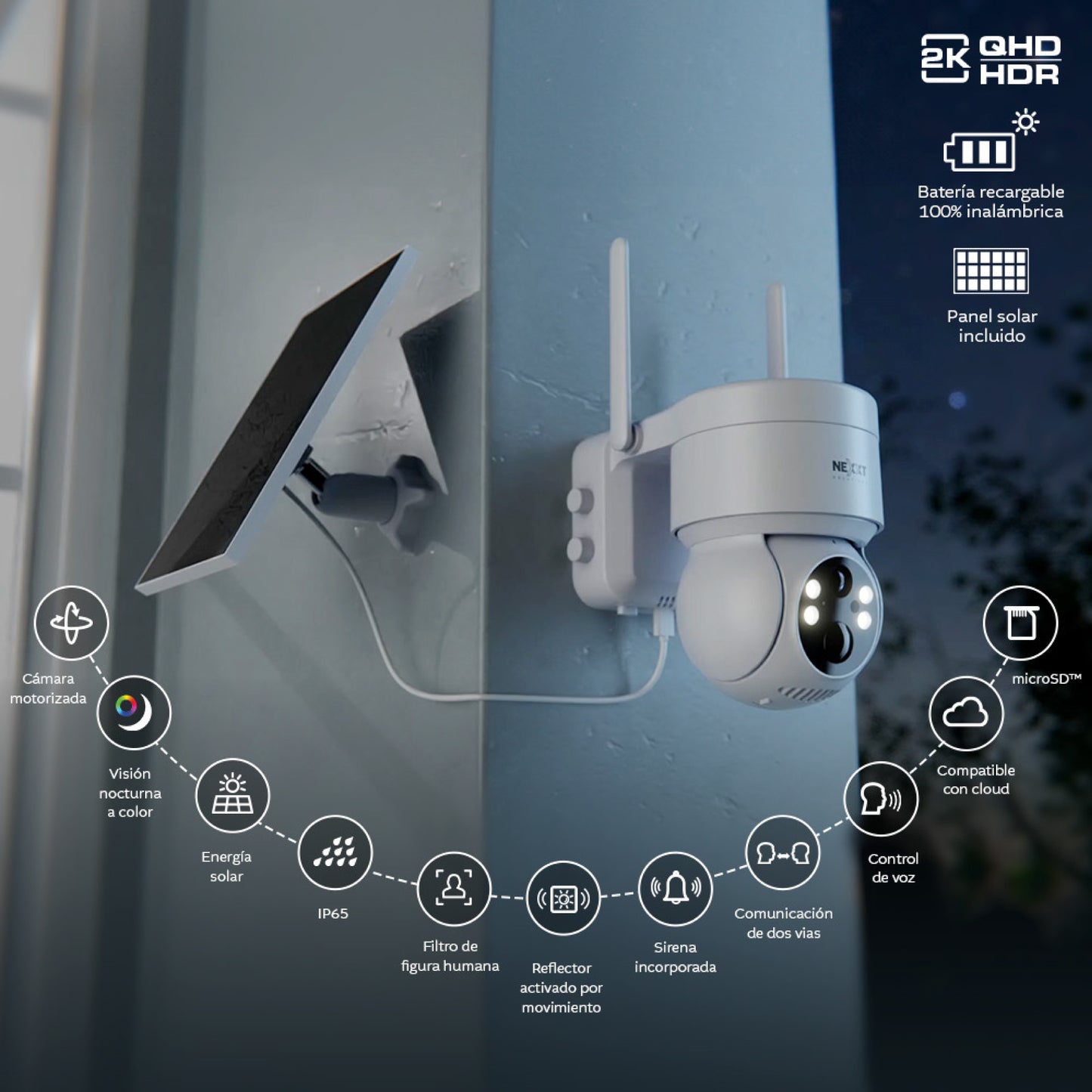 Cámara inteligente Nexxt 2k motorizada con recargable/panel solar para exteriores