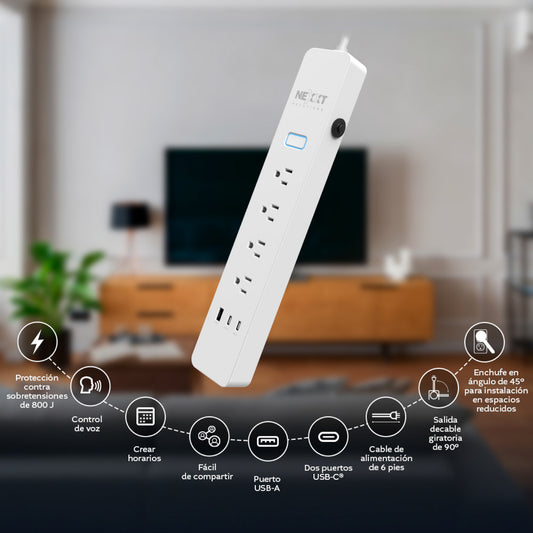 Regleta inteligente Nexxt con Wi-Fi y asistente de voz - 4 enchufes y 3 USB
